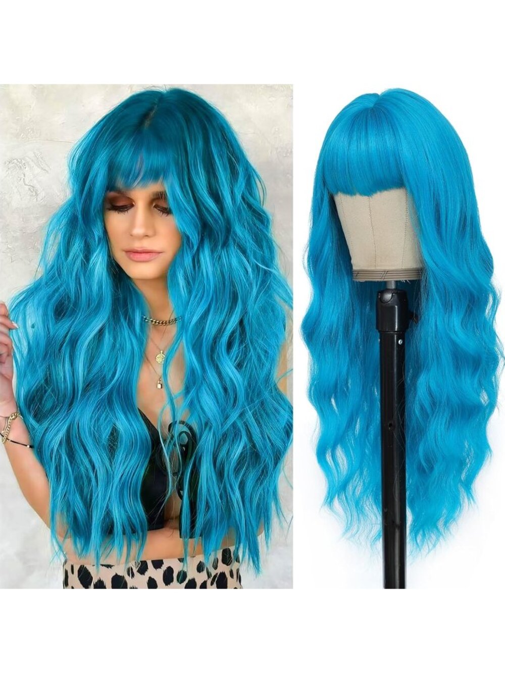 Women's Teal Blue 26 Inch Natural Looking Heat Resistant Synthetic Wigs Bangs